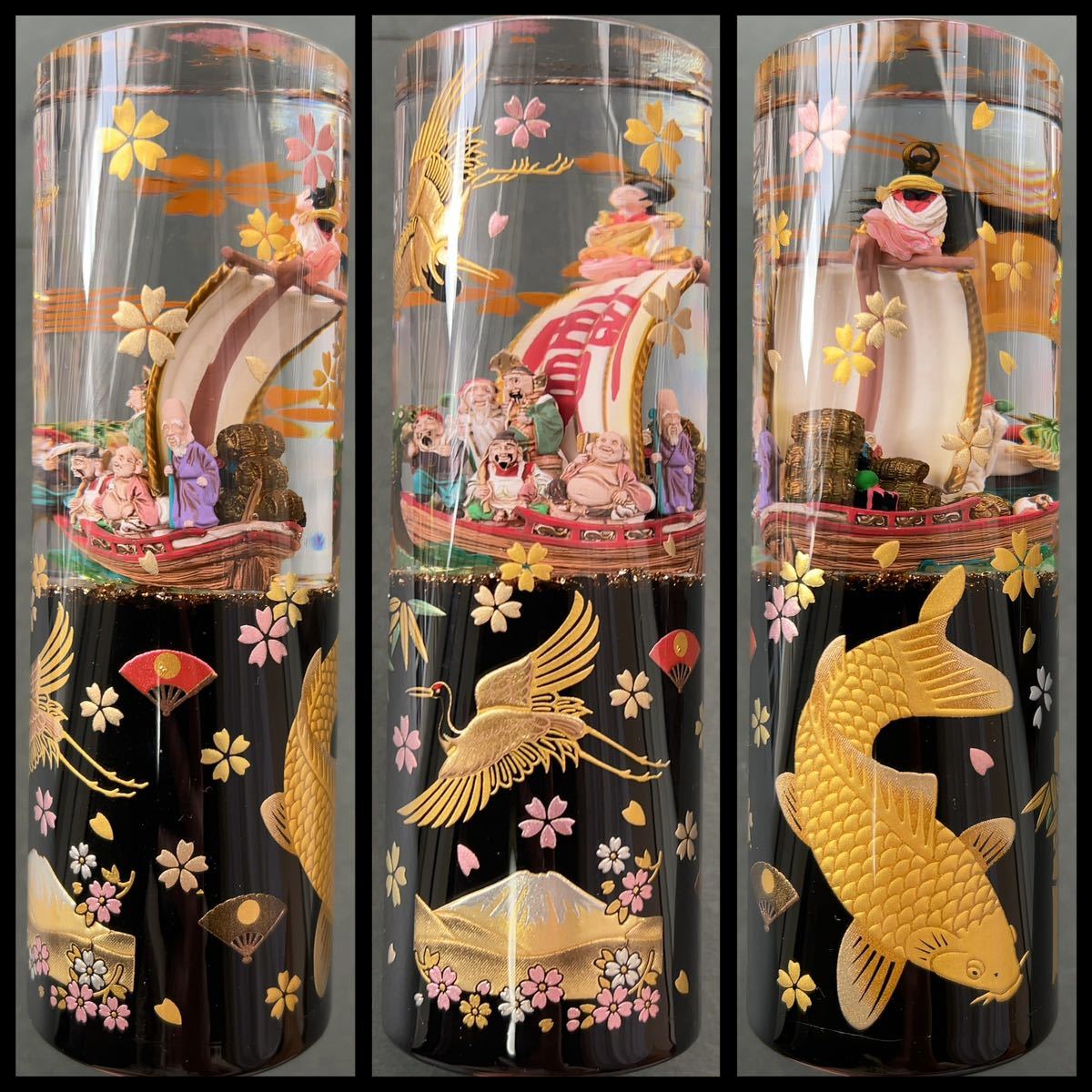 水中花 宝船 金鶴 桜散し 富士 商売繁盛 12×1.25 錦鯉 和柄 黒