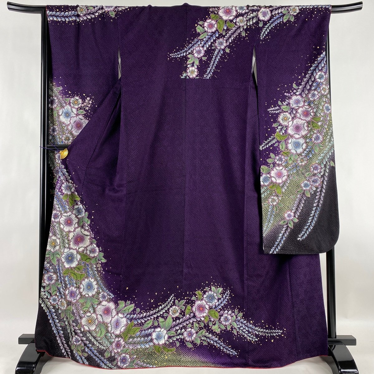 振袖 秀品 辻が花柄 金彩 絞り 濃紫 袷 身丈167cm 裄丈77cm L 正絹 