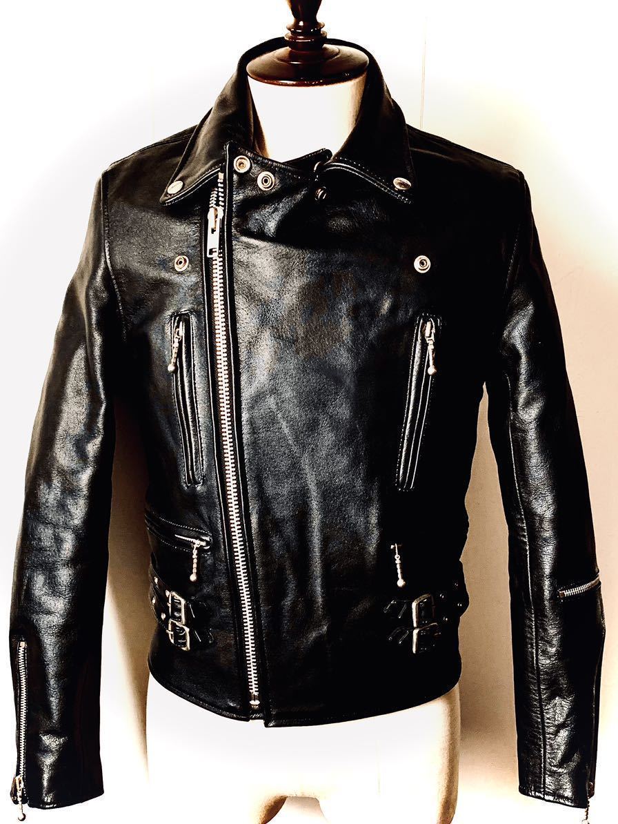 70's80's～ヴィンテージ unknown 肉厚カウレザー UKダブルライダース 36〜38 黒 ルイスレザー ライトニングタイプ ハイウェイマン40s50s60s