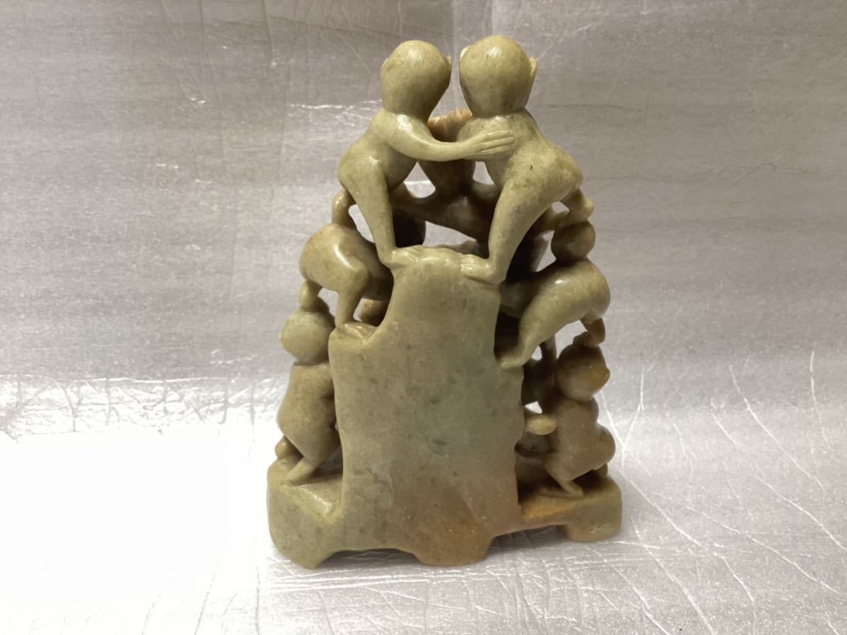 石 彫刻 猿10匹 縁起物 鑑賞石 中国美術 古美術 古玩 骨董品 置物(東洋  