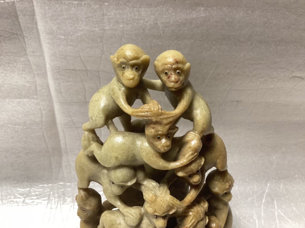 石 彫刻 猿10匹 縁起物 鑑賞石 中国美術 古美術 古玩 骨董品 置物(東洋  