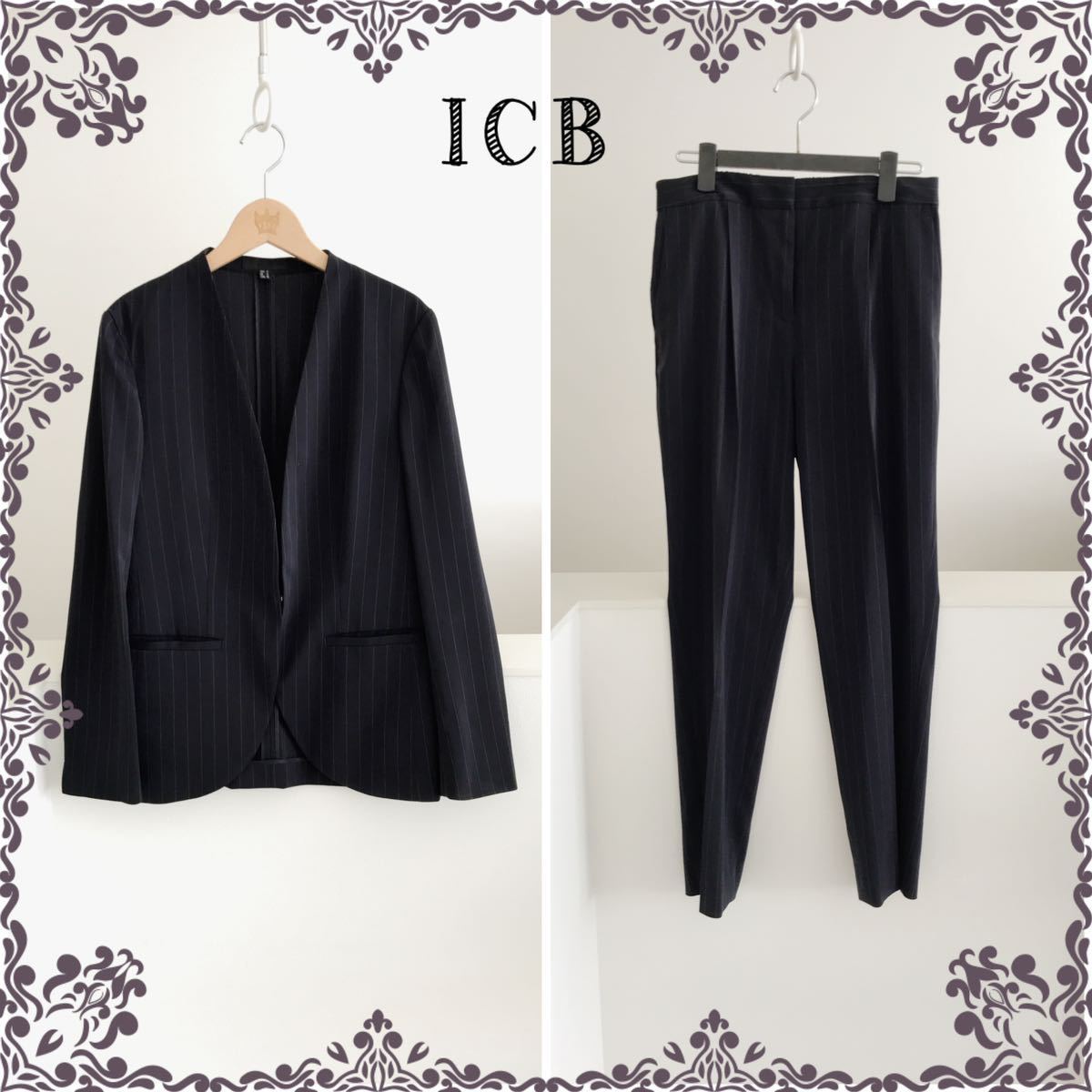 送料無料　大人気　ICB パンツスーツ セットアップ ネイビー ストライプ 11号　薄手　カジュアル　スタイリッシュ 