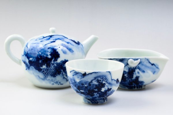 京焼 華中亭道八製 高橋道八 漢詩山水文染付茶器