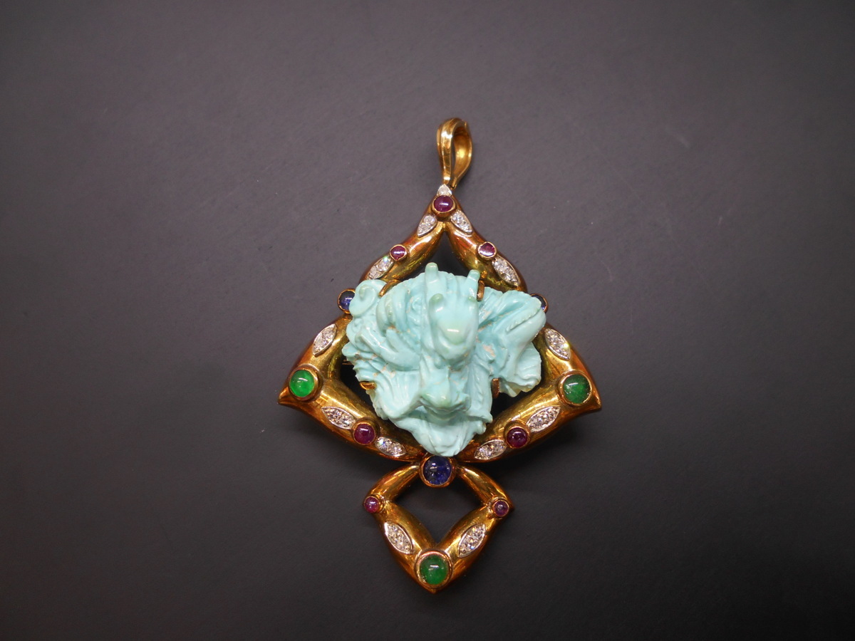 ブローチ】K18（刻印有） 18金 イエローゴールド 天然トルコ石・ルビー