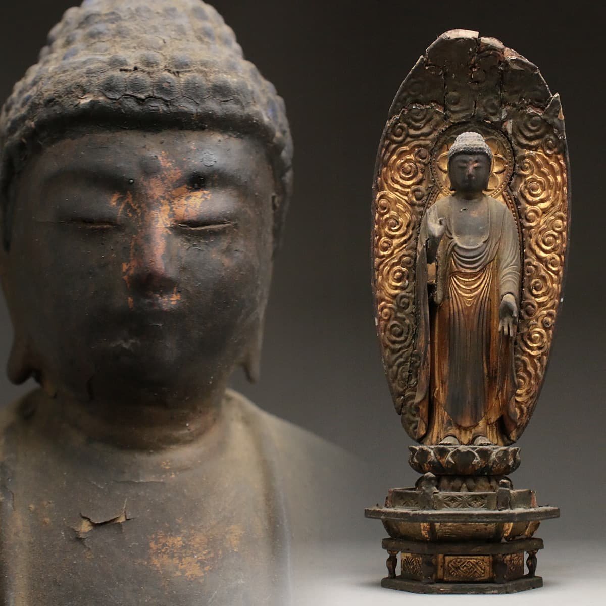 EH194 時代仏 漆箔 玉眼入 木造阿弥陀如来立像 全高46cm/仏高25.8cm