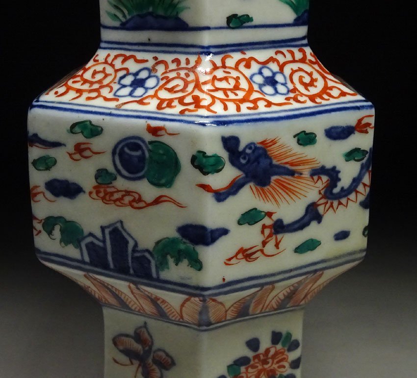 緑屋ft□ 中国古玩 五彩 尊式 花瓶 高約25cm 大明萬歴年製 唐物 時代物 