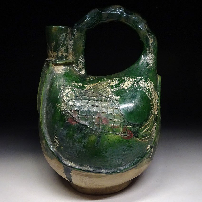 緑屋zc□ 中国古玩 緑釉 皮嚢壷 鶏冠壺 水注 高約24cm 唐物 時代物 i9