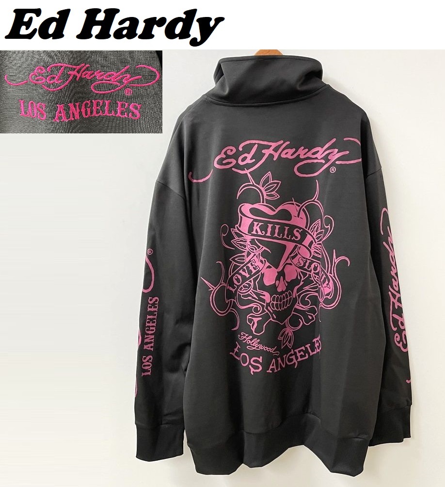未使用 Ed Hardy ブラック ジャージ 刺繍 ピンク メンズ 大きいサイズ シンプル デザイン ストリート インパクト ジップ 黒 エドハーディー