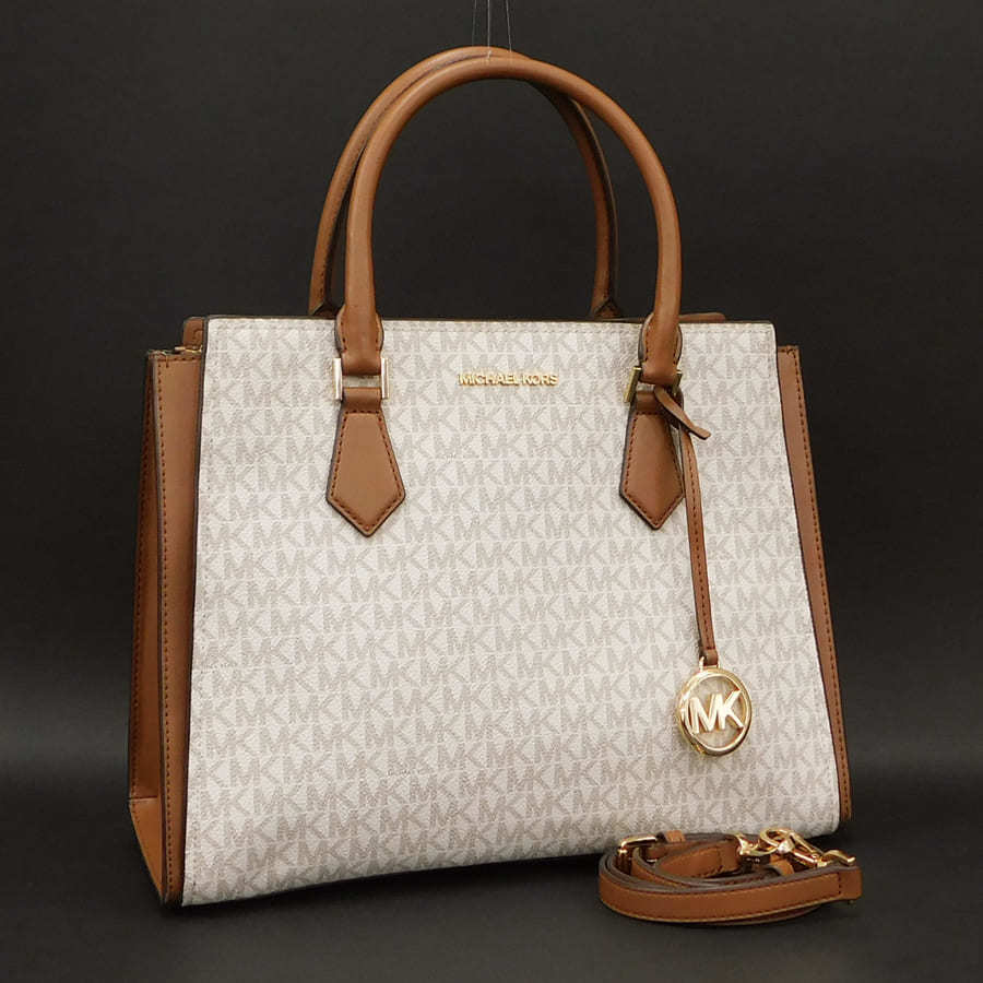 1円 ■ 極美品 マイケルコース 2wayバッグ レザー ホワイト系×ブラウン系 お買い物 MICHAEL KORS ■E.Bii.hP-27