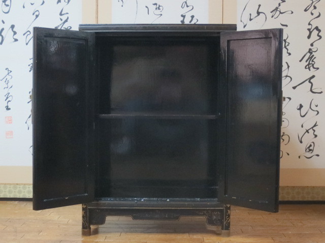 逸品 黒漆 中国美術 花鳥図 真鍮金具 茶道具 飾り棚/煎茶棚