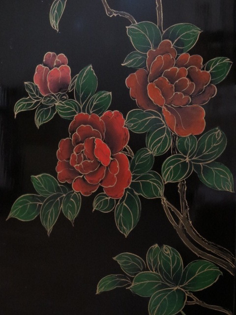 逸品 黒漆 中国美術 花鳥図 真鍮金具 茶道具 飾り棚/煎茶棚