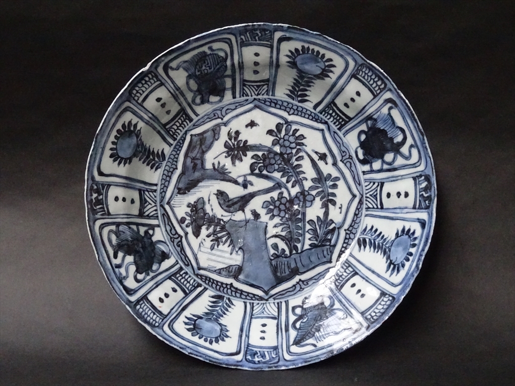 □□明末清初□古染付・鳥図・芙蓉手大皿□