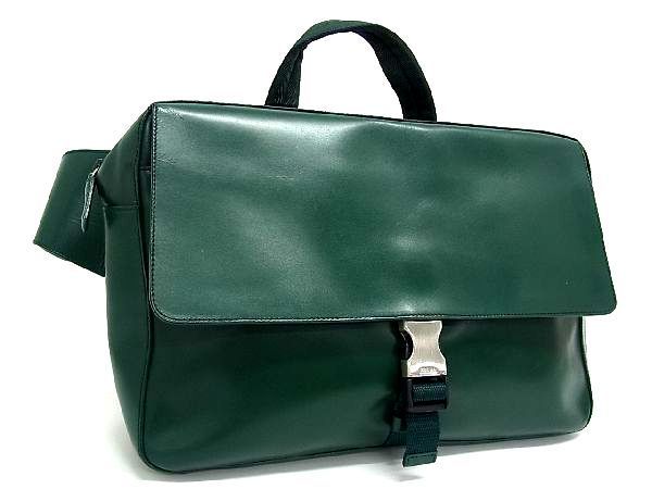 1円 ■美品■ PRADA プラダ レザー ウエストバッグ ウエストポーチ メンズ レディース グリーン系 AI0633イf