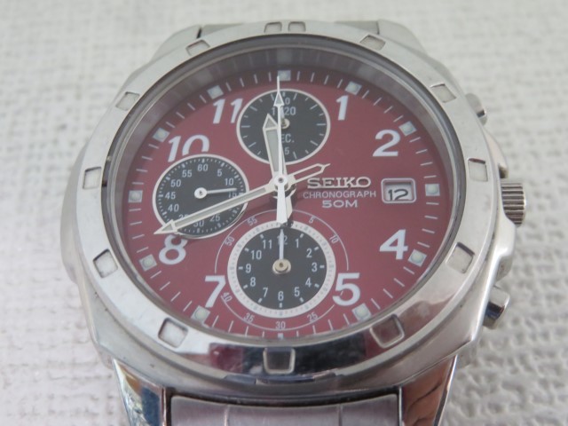 ♪SEIKO クロノグラフ 腕時計 セイコー 赤 デイト 電池交換済み USED