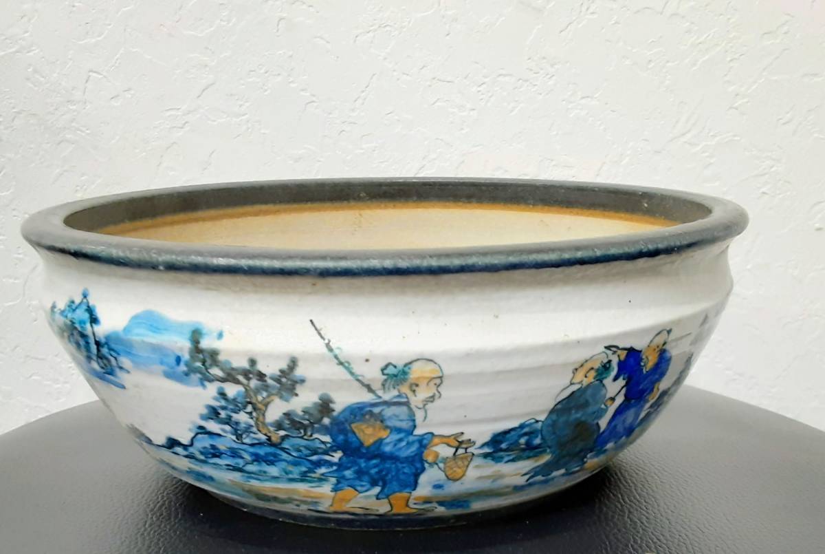 1000円☆希少 作家：陶翠 作 植木鉢☆盆栽鉢 風景 山水画/水墨画風