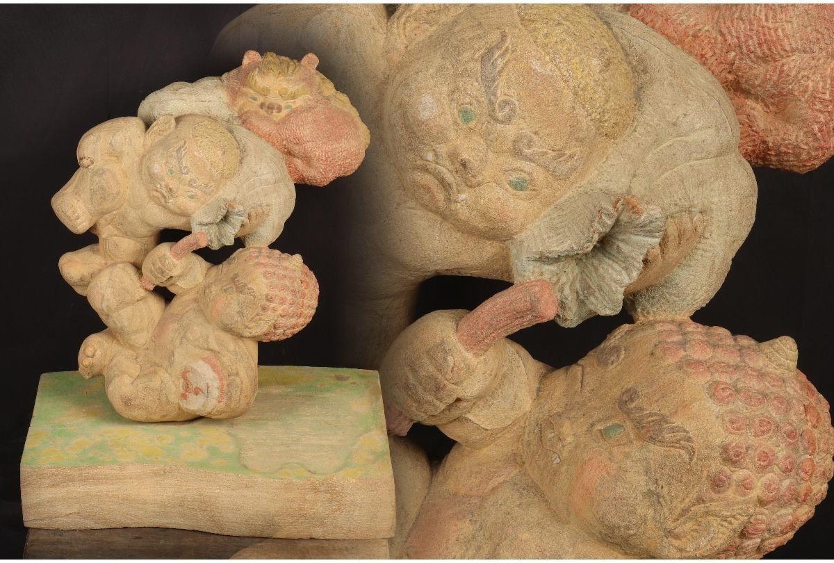 [URA]F.aida/サイン有/石彫刻風神雷神像/約53cm/総重量約41.5kg/4-s11-128(検)骨董/仏像/銅像/ブロンズ/仏教/寺社仏閣/観音/仏陀/明王/不動