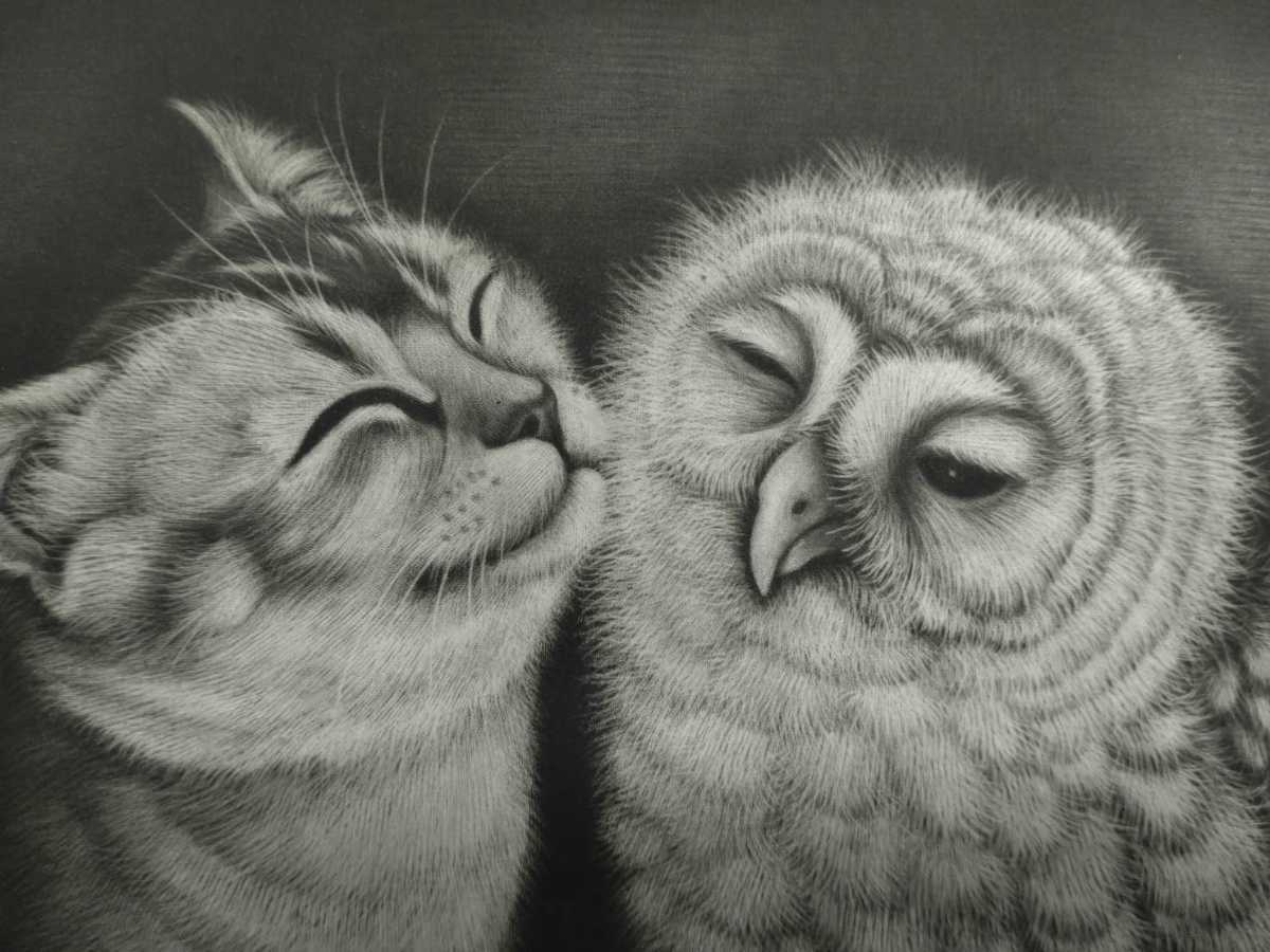 ▽彩国▽真作 銅版画▽人気作家 生田宏司【猫と夜猫子】