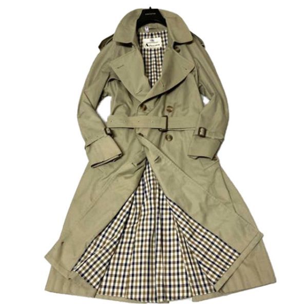 英王室御用達 Aquascutum アクアスキュータム イギリス製 ダブルトレンチコート ベージュ/ハウスチェック柄 L～XL相当 ロゴ刻印釦 N179