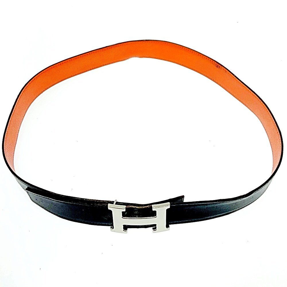 HERMES エルメス FI1034 レザー Hバックル リバーシブルベルト メンズ ブラック オレンジ □R刻印 144657 ベルト