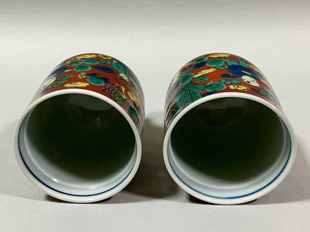 ☆九谷焼 木米 赤絵 唐子遊び図 蓋付湯呑茶碗/茶碗蒸し碗 5客：煎茶