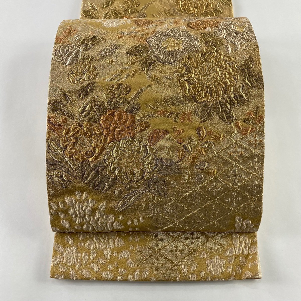 袋帯 美品 秀品 纐纈 辻ヶ花柄 金糸 箔 薄茶色 六通 正絹 【中古 