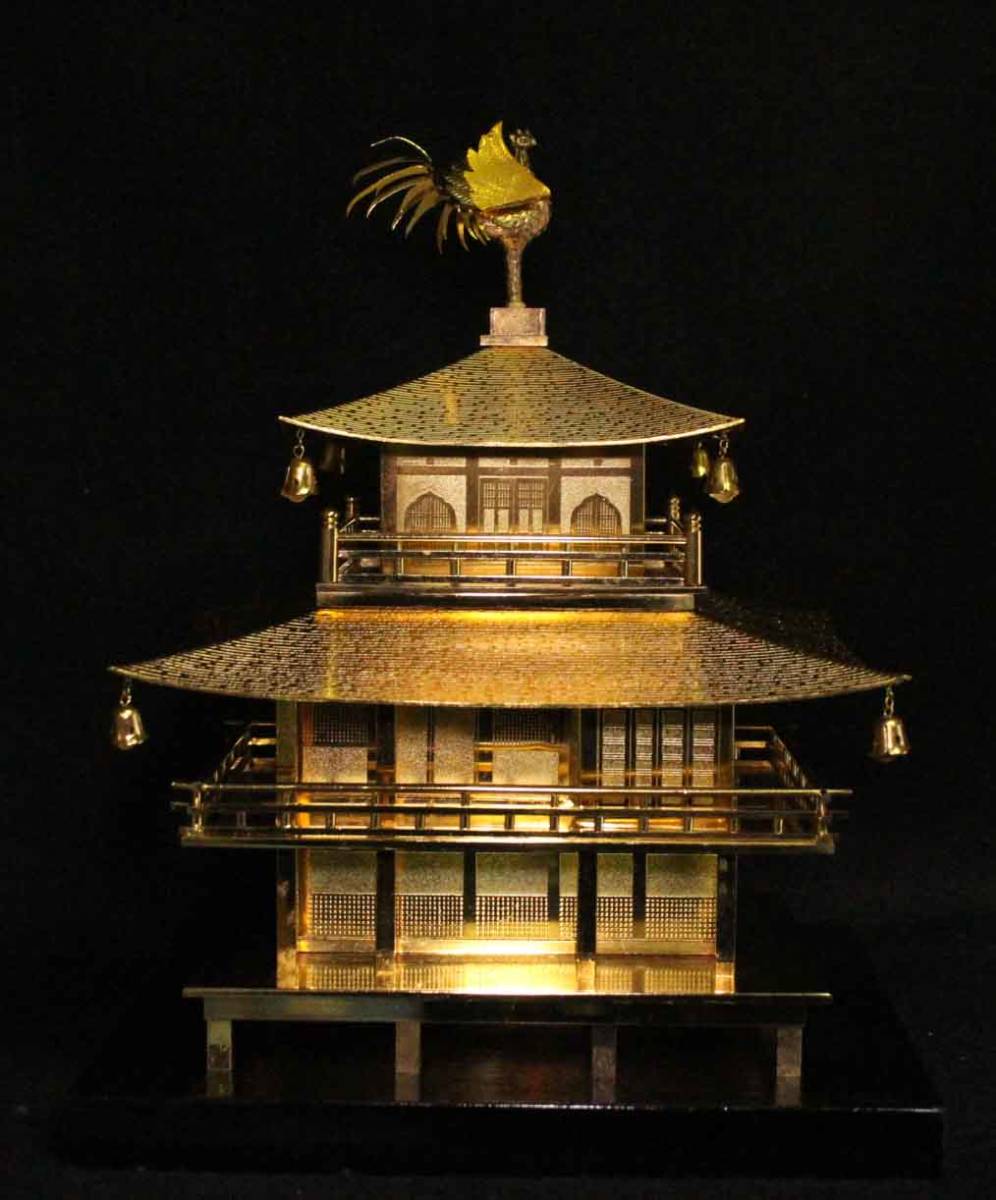 176]金属工芸 金閣寺 置物 金色 gold color 鳳凰 25cm Kinkakuji