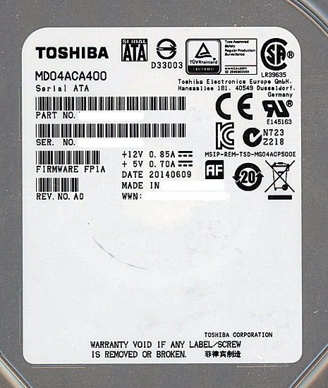 中古】TOSHIBA製HDD MD04ACA400 4TB SATA600 7200 500～1000時間以内
