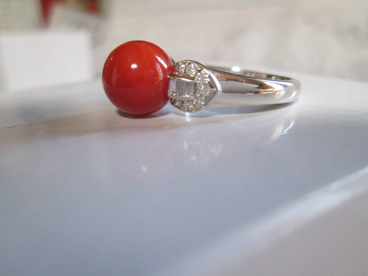 血赤珊瑚リング：約１１・５号・珊瑚約９mm・PT９００・ダイヤ
