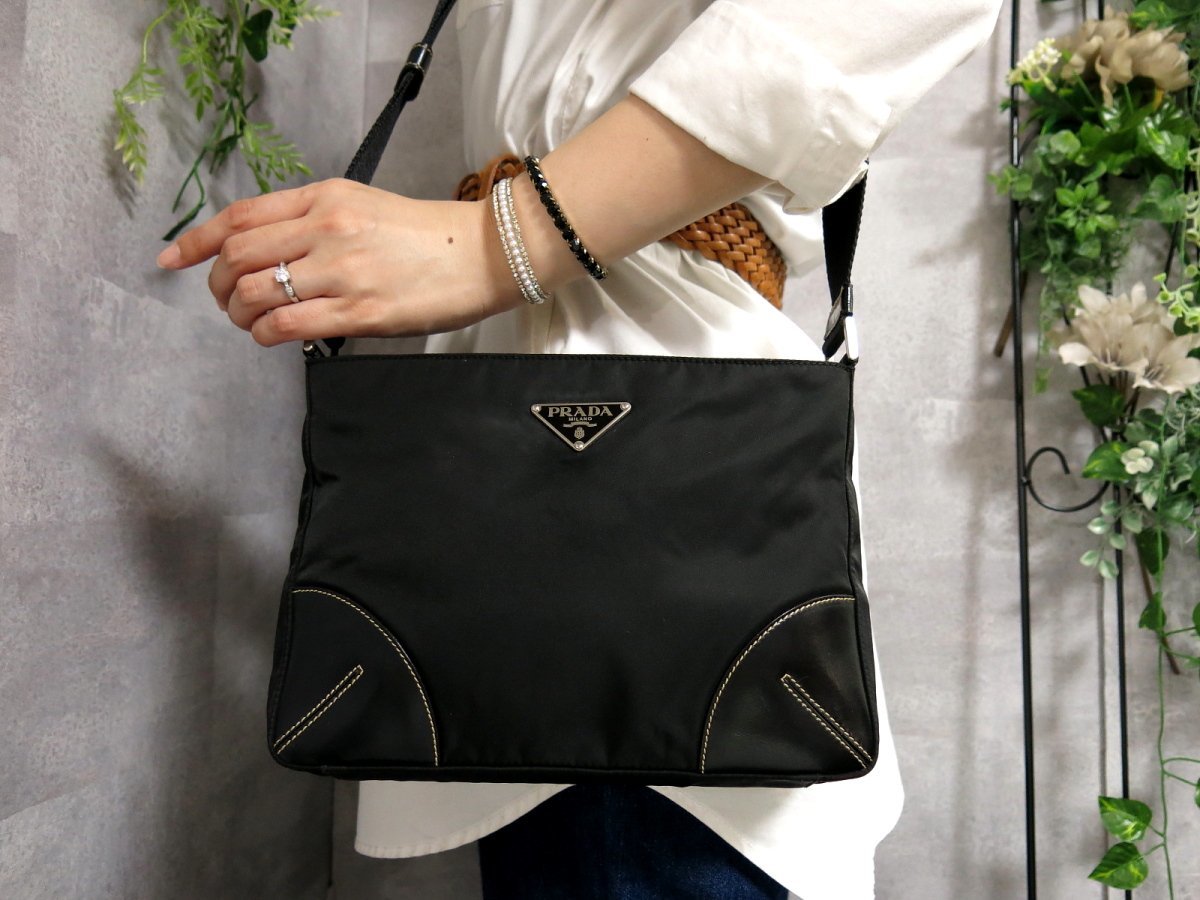 ●超美品●PRADA プラダ●ポコノ ナイロン カーフ レザー 本革●ショルダー バッグ●黒 ブラック●イタリア製●斜め掛け●Js35341