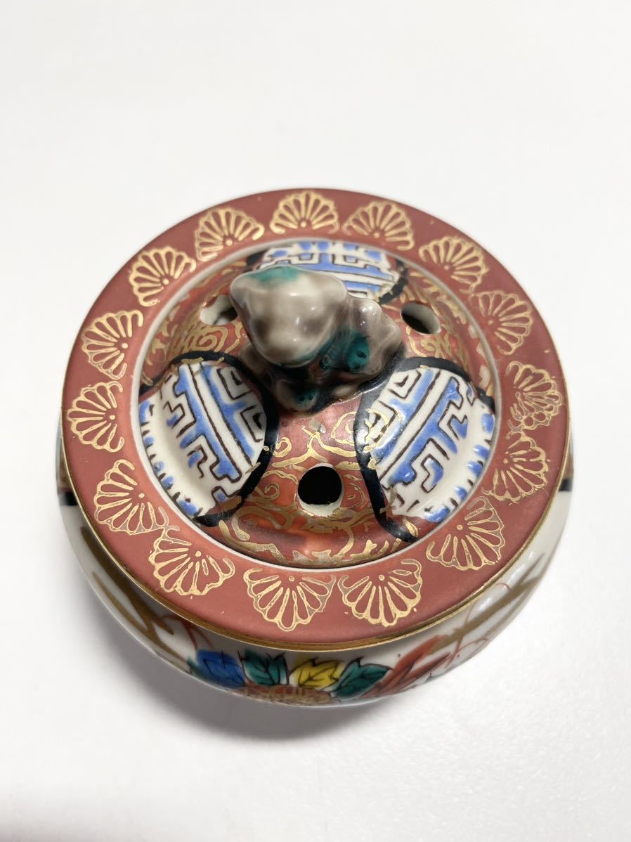 I) 九谷焼 庄三 造 在銘 香炉 香櫨 獅子耳彩色 平木瓜香