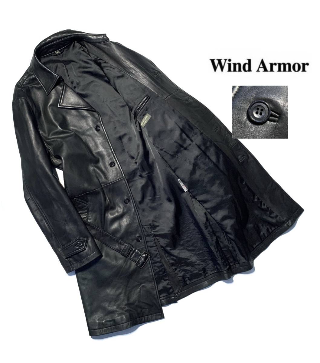 最高級【定価8万】Wind Armor ウインドアーマー ラムレザー シングルトレンチコート L 羊革 ベルト ロング メンズ 美シルエット 黒