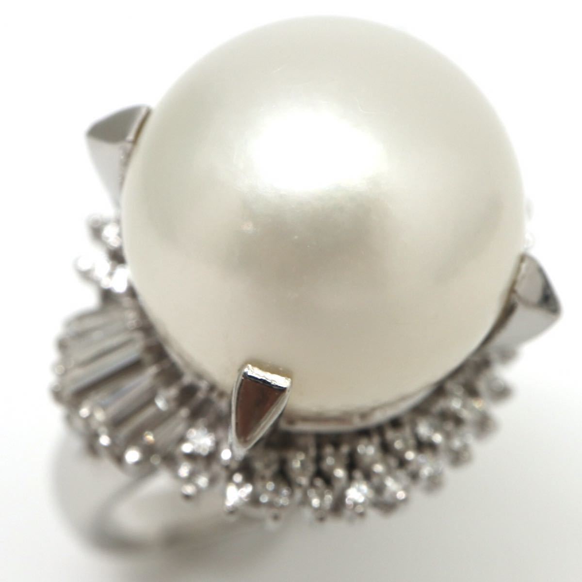 14.5mm珠!!◆Pt900 南洋白蝶真珠/天然ダイヤモンドリング◆A 17.3g 0.70ct 17.0号 大玉 パール pearl diamond jewelry 指輪 ring EG1