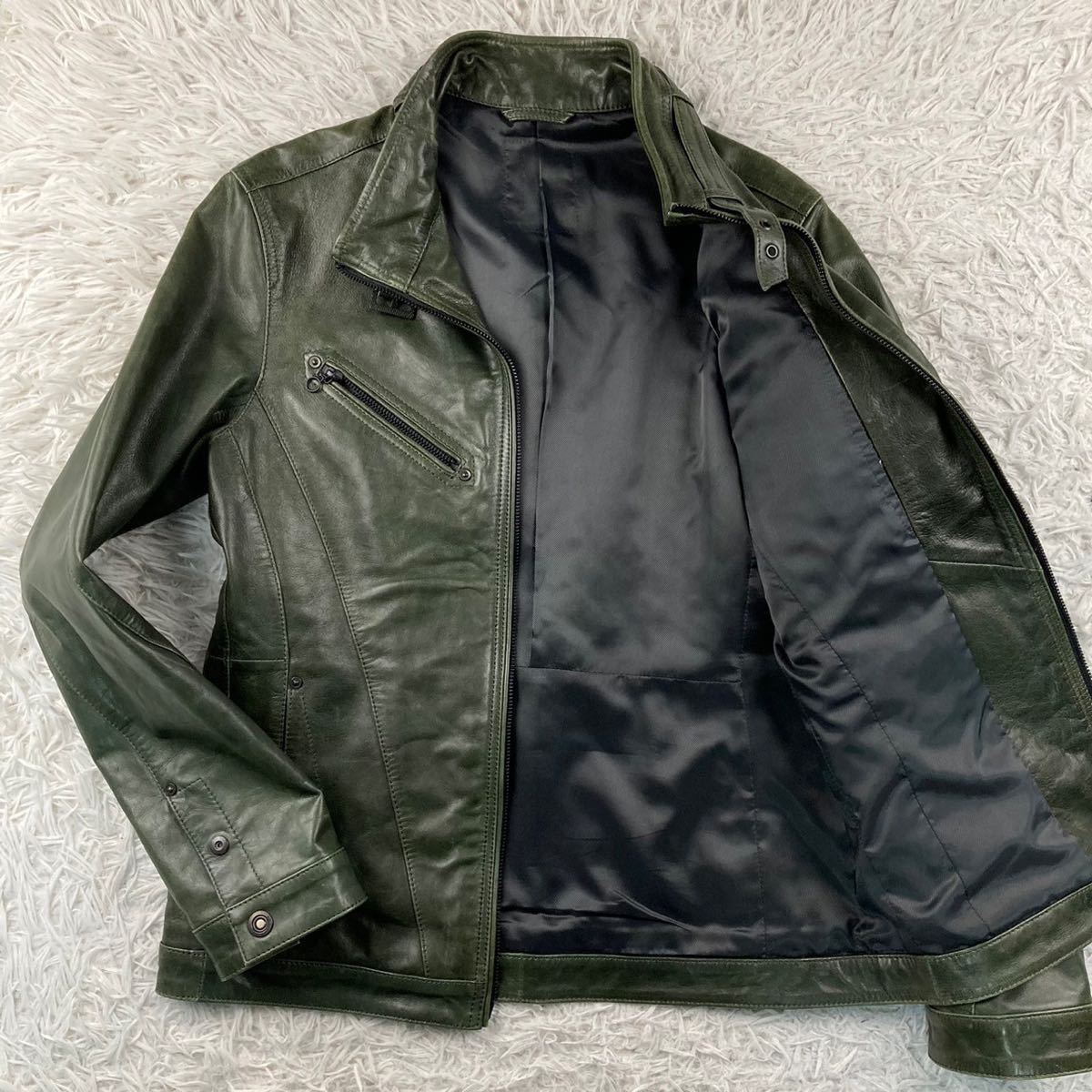 最高級やぎ革使用【希少カラー】ゴートレザー 本革 羊革 ライダース ジャケット M-L相当 ダークグリーン 緑 アウター ブルゾン 春夏 メンズ