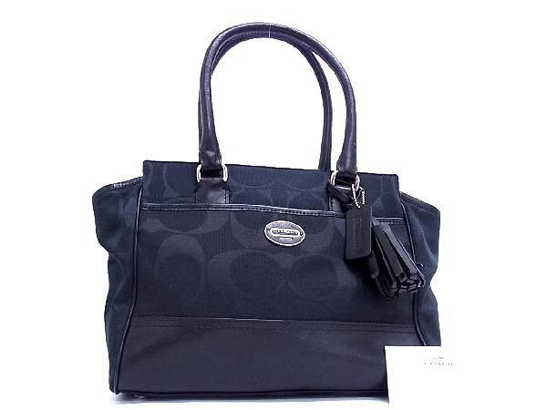 1円 ■極美品■ COACH コーチ 21148 シグネチャー キャンバス×レザー ハンドバッグ トートバッグ 手持ちかばん ブラック系 AJ2723uオ