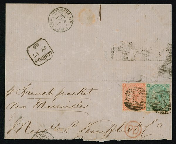 [1818]英国 4p， 1sh 抹消印 1866-07-17 LONDON 到着印：YOKOHAMA