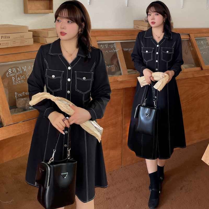 2L～6L 大きいサイズ ２タイプ バイカラー オシャレ 配色ステッチワンピース 6L ブラック/ロング丈