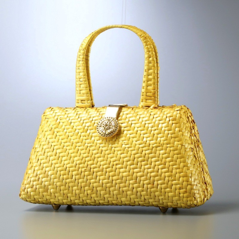 GN1634*《春夏おすすめ》ラタン かごバッグ vintage ハンドバッグ 鞄 イエロー×ゴールド金具