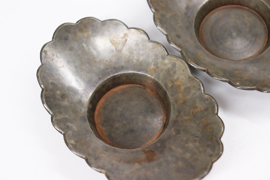 中国古玩 金利老店 款 古錫 斑文 花弁式 煎茶 茶托 托子