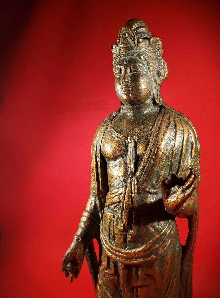彫刻家 北村西望謹作 銅鍍金 聖観世音菩薩像 仏像 置物 共箱 M R5699