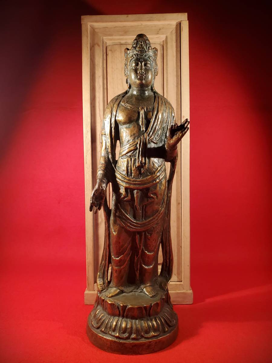 彫刻家 北村西望謹作 銅鍍金 聖観世音菩薩像 仏像 置物 共箱 M R5699