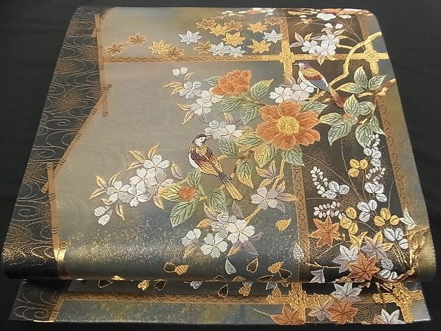 着物屋こころ■六通柄袋帯　唐織　花鳥文　金糸　引箔　正絹　逸品　A-az3227