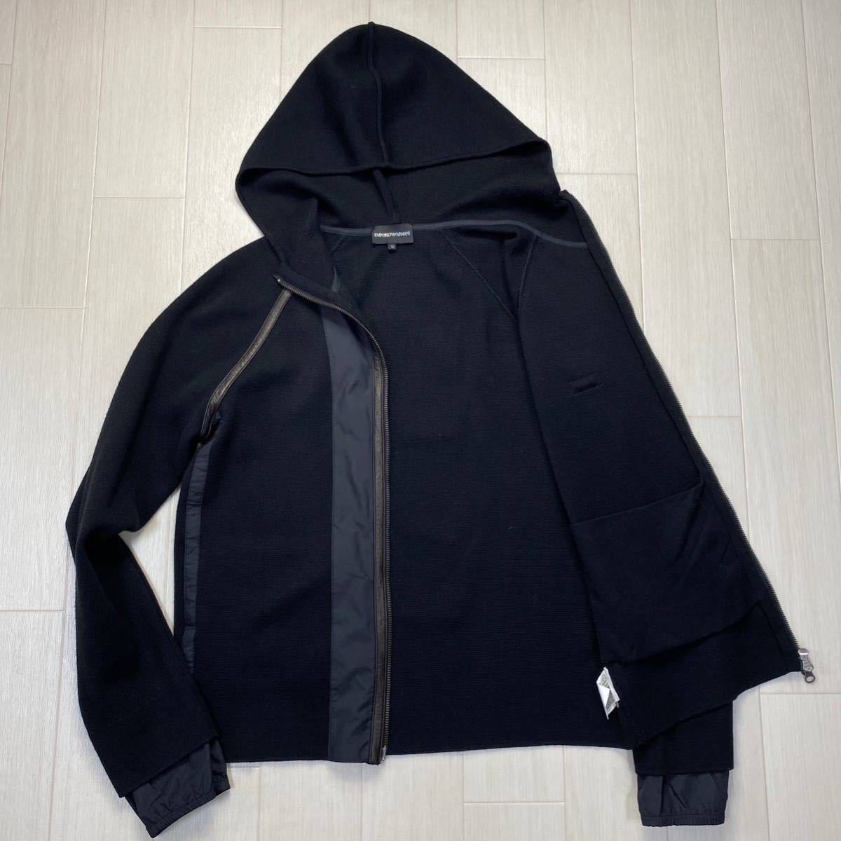 【アルマーニ/EMPORIO ARMANI】レザーパイピングコンビ素材★ ウールパーカー ブルゾン ジャケット 起毛素材 美品◎ メンズ 50 L～XL 黒