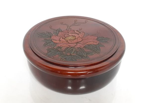 sa/ 讃岐彫 茶びつ 茶櫃 牡丹 讃岐漆器 旧家蔵出 /DY-1356 1F