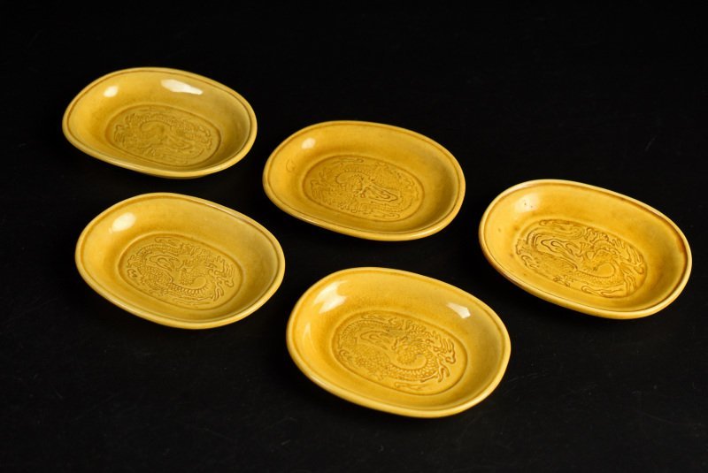 珉平焼 龍文 小判型小皿 5枚 珉平焼 淡路焼 黄釉龍紋小判型小皿5枚 珉平