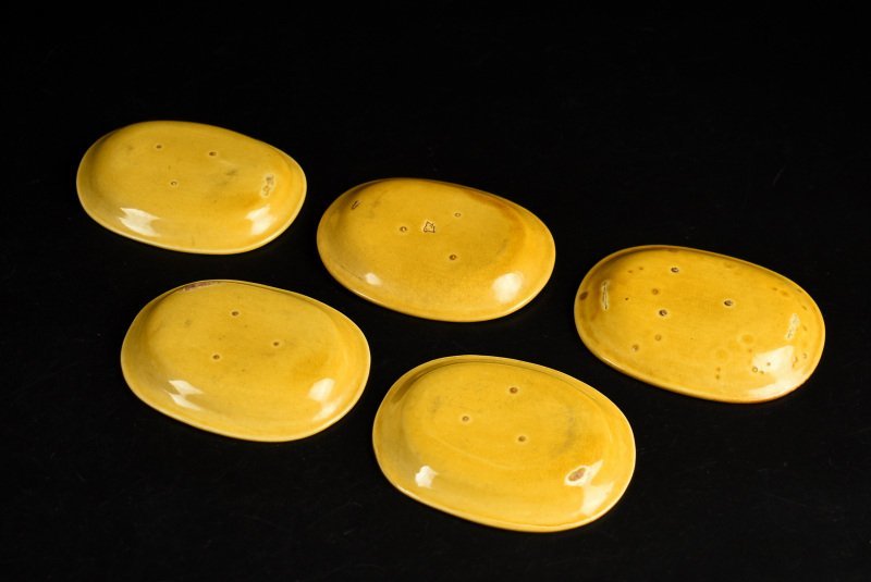 珉平焼 【蔵c9745a】民平焼 小判型 龍文 小皿 五客 緑釉