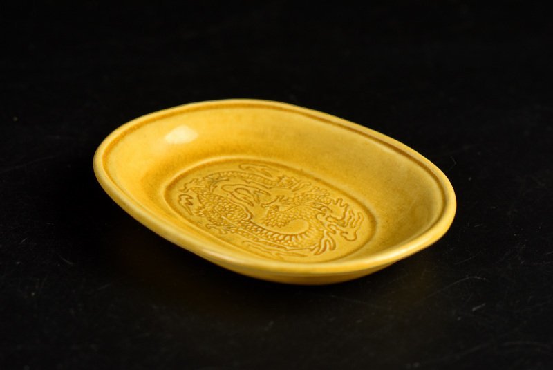 珉平焼 【蔵c9745a】民平焼 小判型 龍文 小皿 五客 緑釉