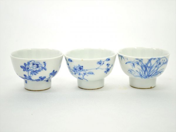 KM453●中古品●華中亭道八 製　漢詩花図　染付　茶鐘 6客　共箱　煎茶器 蔵出華中亭道八造 TB526染付 染付煎茶碗