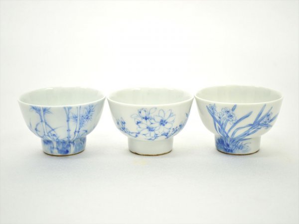 KM453●中古品●華中亭道八 製　漢詩花図　染付　茶鐘 6客　共箱　煎茶器 蔵出華中亭道八造 TB526染付 染付煎茶碗