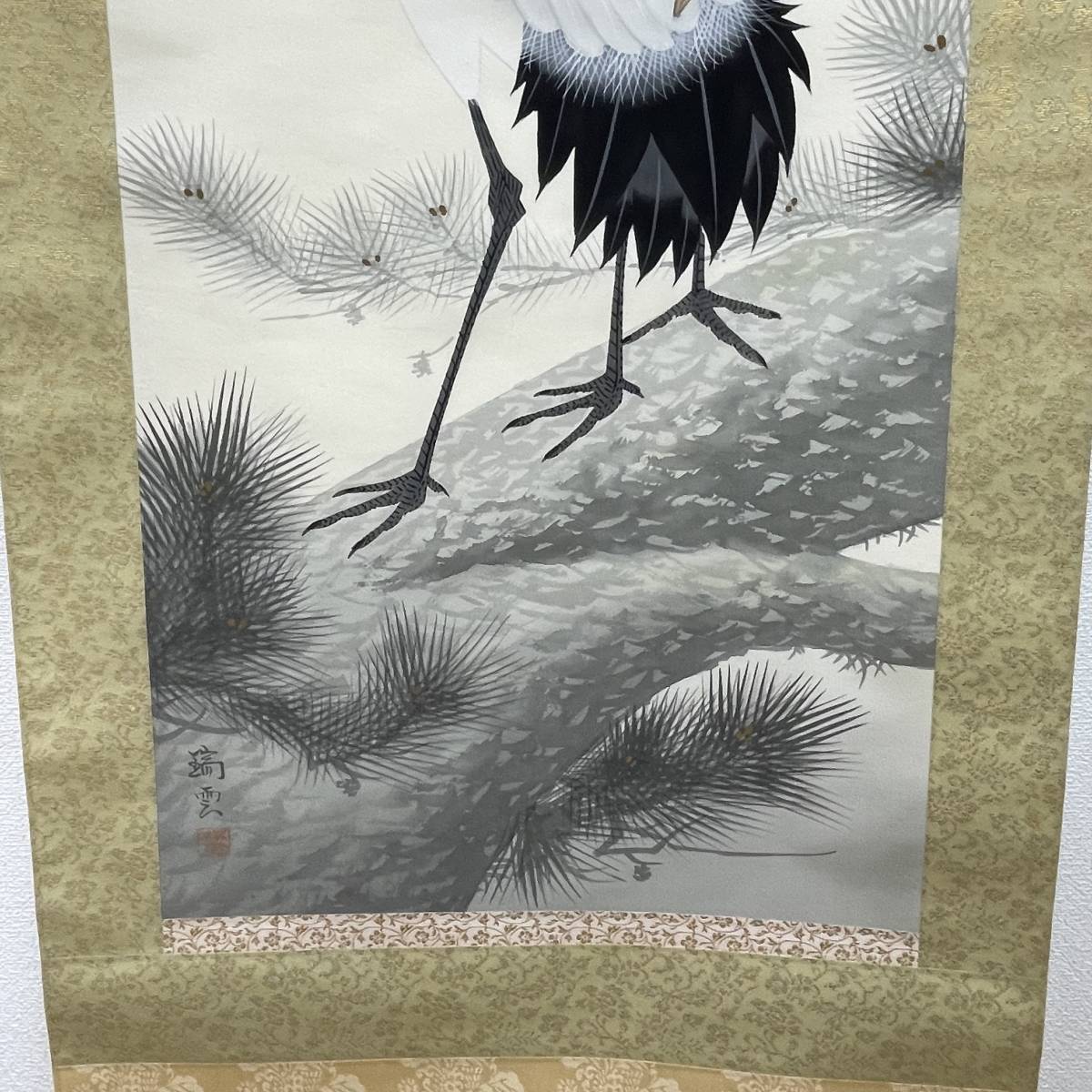 4094 【模写】 小木曽瑞雲 松上鶴 掛軸 共箱 掛軸 日本画 掛け軸 古