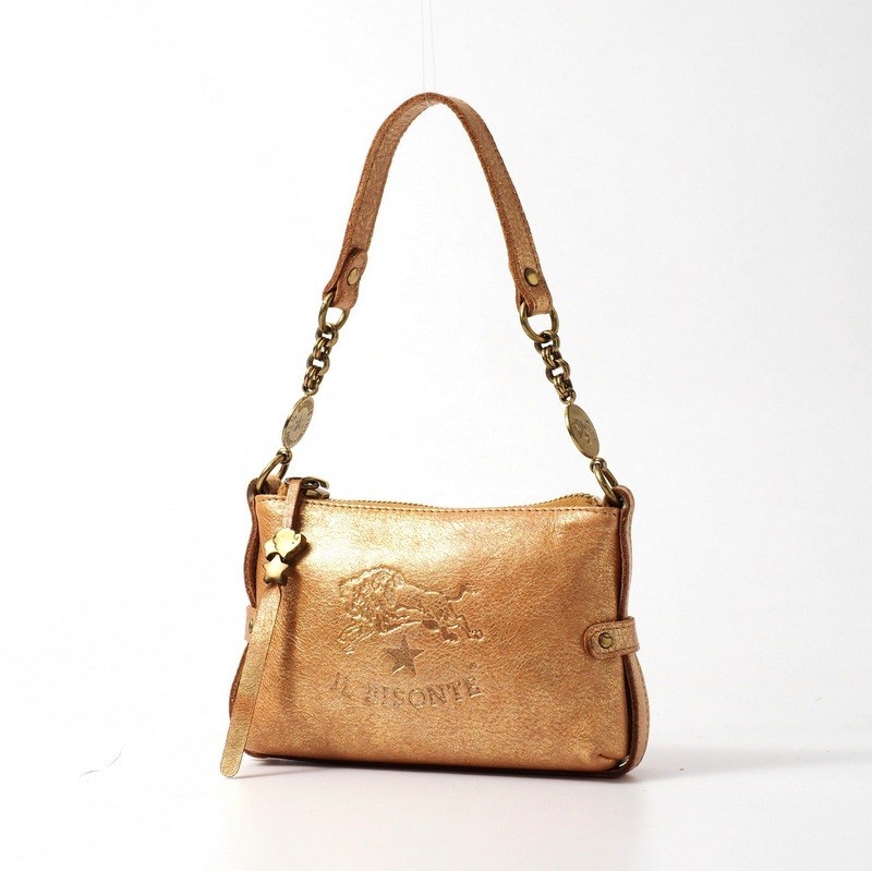 GN2157*イタリア製*IL BISONTE イルビゾンテ*メタリックレザー*アクセサリポーチ*ミニバッグ*チェーンポーチ*オレンジ系